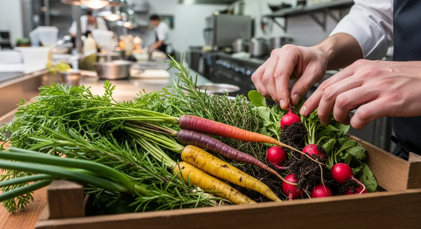 Restaurant produits frais Paris, chef sélection légumes saison, cuisine fait maison Paris 15, sourcing produits locaux restaurant, légumes marché Rungis, alimentation saine restaurant, gastronomie responsable.