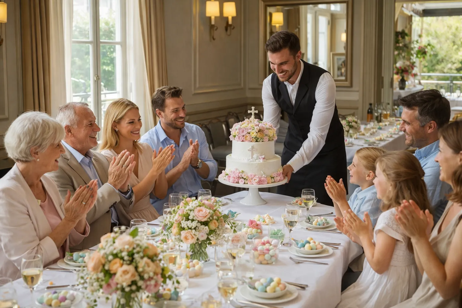 Repas de baptême restaurant Paris, déjeuner communion famille, privatisation restaurant Paris 15, table de fête restaurant chic, gâteau baptême fait maison, salon privé repas famille, restaurant enfant bienvenu Paris.