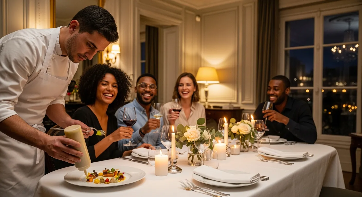 Chef à domicile Paris, traiteur repas assis domicile, dîner privé entre amis, organisation repas anniversaire maison, cuisine gastronomique livrée, chef dressant assiette, service traiteur luxe Paris.
