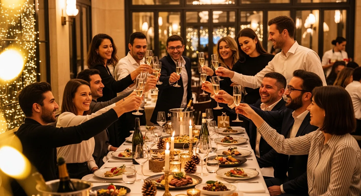Repas fin d'année entreprise Paris, soirée Noël entreprise restaurant, privatisation restaurant Paris 15, dîner groupe collègues, menu fête restaurant bistronomique, ambiance festive restaurant chic, toast champagne équipe.