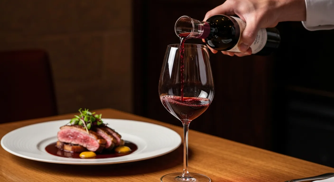 Restaurant bar à vin Paris 15, sommelier servant vin rouge, accord mets vins viande rouge, verre vin restaurant chic, dégustation vin Paris, cave à manger Vaugirard, dîner gastronomique vin.